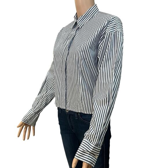J Crew Fitted Button Up Shirt Cropped 6 Striped Poplin Stretch Preppy Classic - Picture 2 of 6